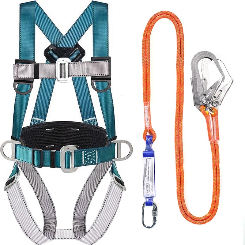 Whitedew Safety Harness Fall Protection Kit with Shock Absorbing Lanyard, Roofing Work Harnesses Full Body Safety Harness for Construction (Dark Green) - Image 1